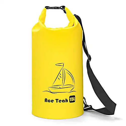 Ace Teah Dry Bag, 15L Lightweight Dry Sack Waterproof Snowproof Dirtproof Bag with Shoulder Strap for iPhone 6S Plus, Samsung Galaxy S7 S6 edge, Note 5, towel, clothes, wallet, phone - Yellow
