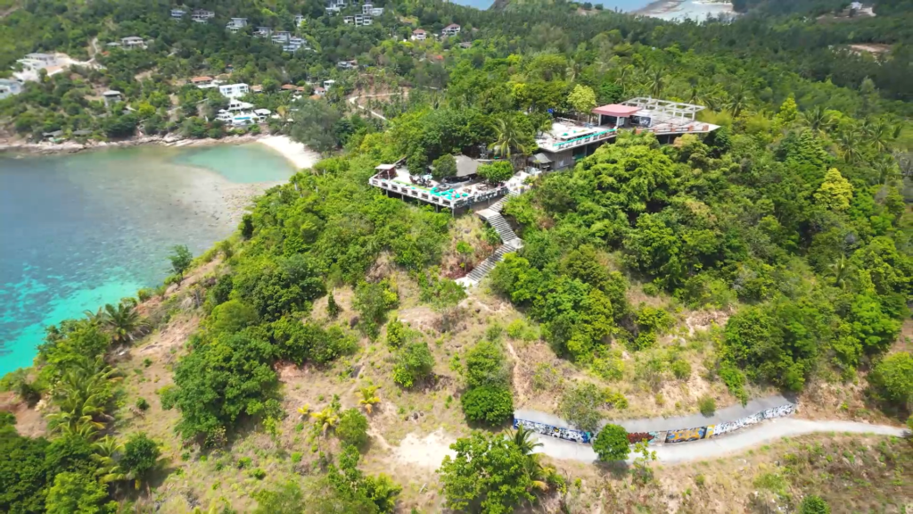 Distance view from drone looking down over 420 bar phangan